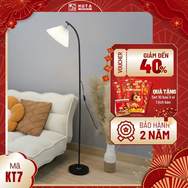 Đèn Cây Đứng Decor HUTA Light For Life KT7 Thân Kim Loại, Chao Xếp Ly, Điều Chỉnh Ánh Sáng Vàng