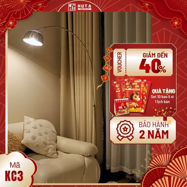 Đèn Cây Đứng HUTA Light For Life KC3 Thân Cong Thân Thép, Bóng Led Ánh Sáng Vàng