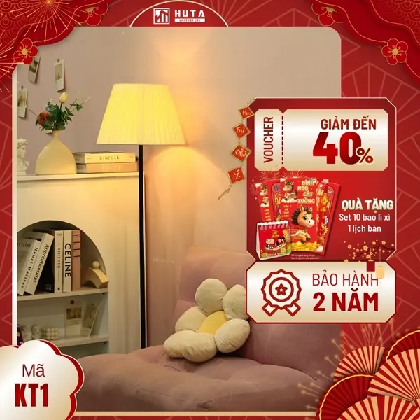 Đèn Cây Đứng Decor HUTA Light For Life KT1 Thân Kim Loại, Chao Xếp Ly,  Điều Chỉnh Ánh Sáng Vàng