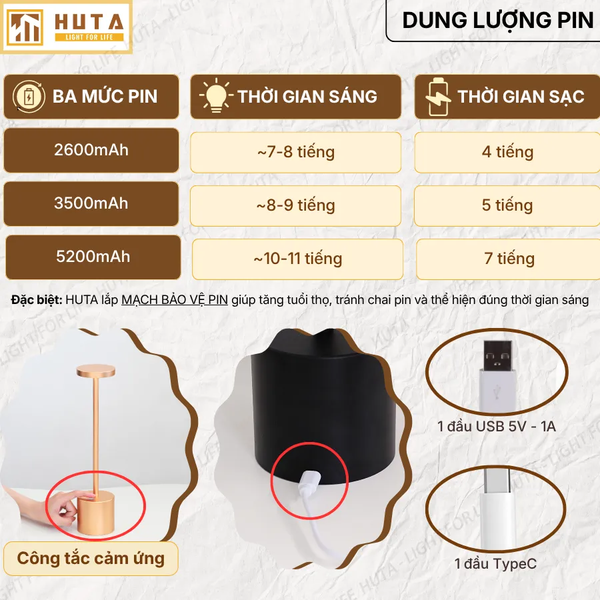 Đèn Bàn Pin Sạc HUTA Light For Life AL1 Nhôm Điều Chỉnh Độ Sáng, Thiết Kế Hiện Đại