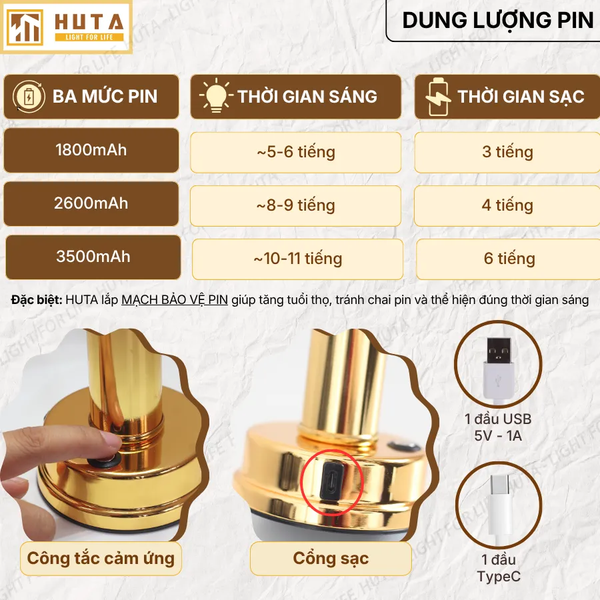 Đèn Bàn Decor Mới HUTA Light For Life RESBED1 Chạm Cảm Ứng, Pin Sạc Tích Điện, Bảo Hành 18 Tháng