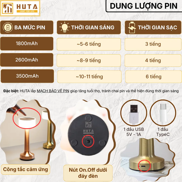 Đèn Bàn Trang Trí HUTA Light For Life RESTA Chạm Cảm Ứng, Điều Chỉnh Độ Sáng, Bảo Hành 18 Tháng
