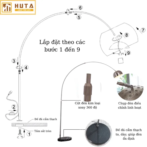 Đèn Cây Đứng HUTA Light For Life KC03 Thân Cong Thân Thép, Bóng Led Ánh Sáng Vàng