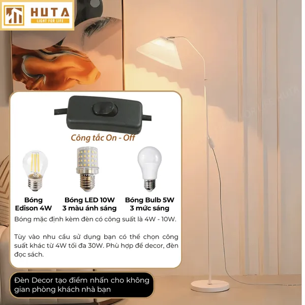 Đèn Cây Đứng Decor HUTA Light For Life KT06 Thân Kim Loại Khớp Cong, Chao Xếp Ly,  Điều Chỉnh Ánh Sáng