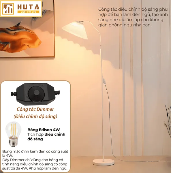 Đèn Cây Đứng Decor HUTA KT6 Thân Kim Loại Khớp Cong, Chao Xếp Ly,  Điều Chỉnh Ánh Sáng Vàng