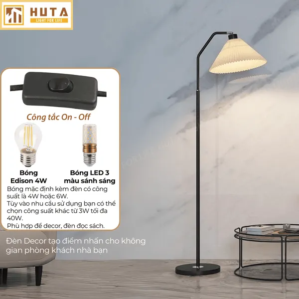 Đèn Cây Đứng Decor HUTA KT6 Thân Kim Loại Khớp Cong, Chao Xếp Ly,  Điều Chỉnh Ánh Sáng Vàng