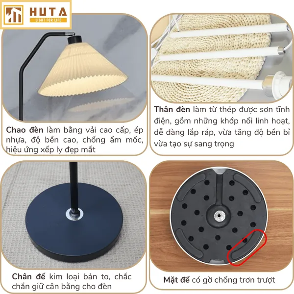 Đèn Cây Đứng Decor HUTA KT6 Thân Kim Loại Khớp Cong, Chao Xếp Ly,  Điều Chỉnh Ánh Sáng Vàng