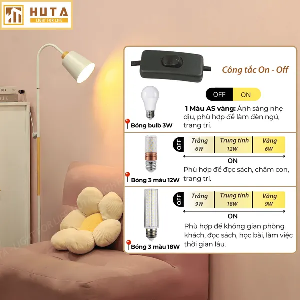 Đèn Cây Đứng Đọc Sách HUTA KT5 Trang Trí Phòng Khách Phong Cách Bắc Âu Ba Màu Sáng