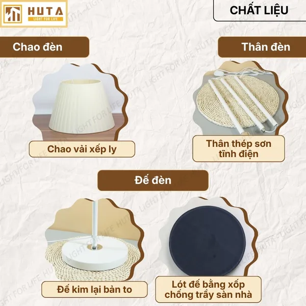 Đèn Cây Đứng Decor HUTA Light For Life KT01 Thân Kim Loại, Chao Xếp Ly,  Điều Chỉnh Ánh Sáng Vàng