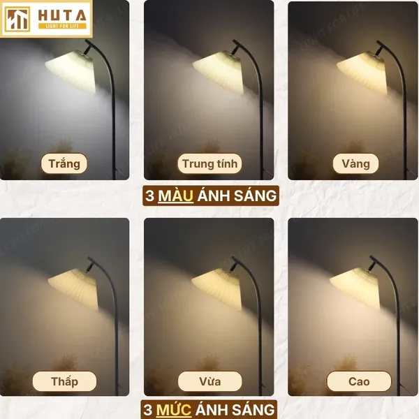 Đèn Cây Đứng Decor HUTA Light For Life KT7 Thân Kim Loại, Chao Xếp Ly, Điều Chỉnh Ánh Sáng Vàng
