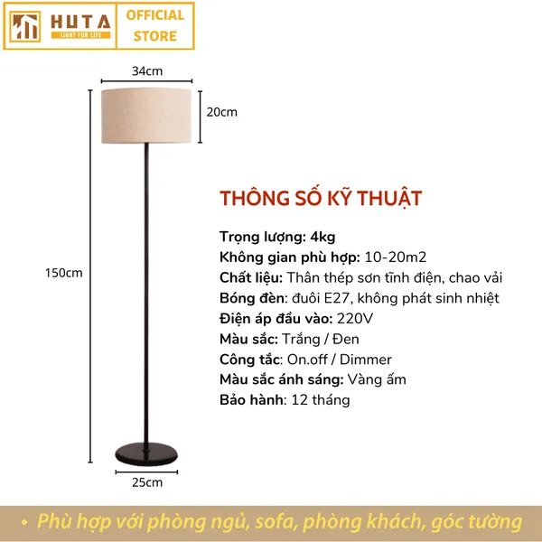 Đèn Cây Đứng HUTA KT4 Thân Kim Loại, Điều Chỉnh Ánh Sáng Vàng
