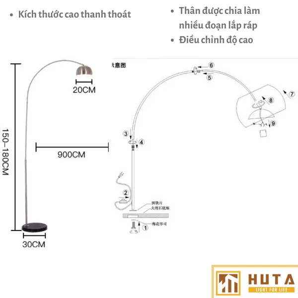 Đèn Cây Đứng HUTA KC3 Thân Cong Thân Thép, Bóng Led Ánh Sáng Vàng