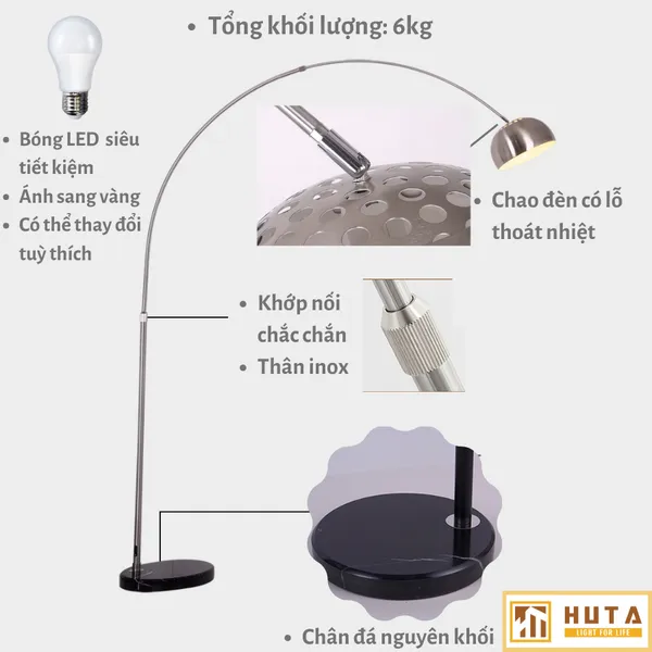 Đèn Cây Đứng HUTA KC3 Thân Cong Thân Thép, Bóng Led Ánh Sáng Vàng