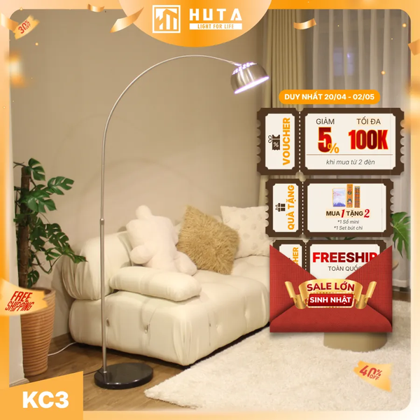 Đèn Cây Đứng HUTA Light For Life KC3 Thân Cong Thân Thép, Bóng Led Ánh Sáng Vàng