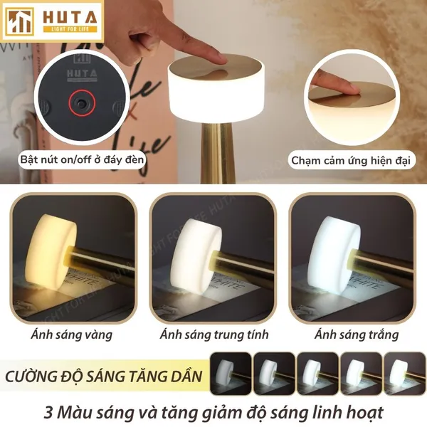 Đèn Bàn Led Quầy Bar, Quán Bar, Nhà Hàng Pin Sạc Tích Điện Mã RESTA Ánh Sáng Vàng, Cảm Ứng