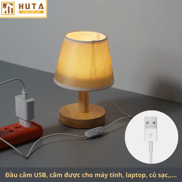 Đèn Ngủ Để Bàn Gỗ HUTA G9 Đầu Cắm USB, Decor Phòng Ngủ, Dải Led Ánh Sáng Vàng