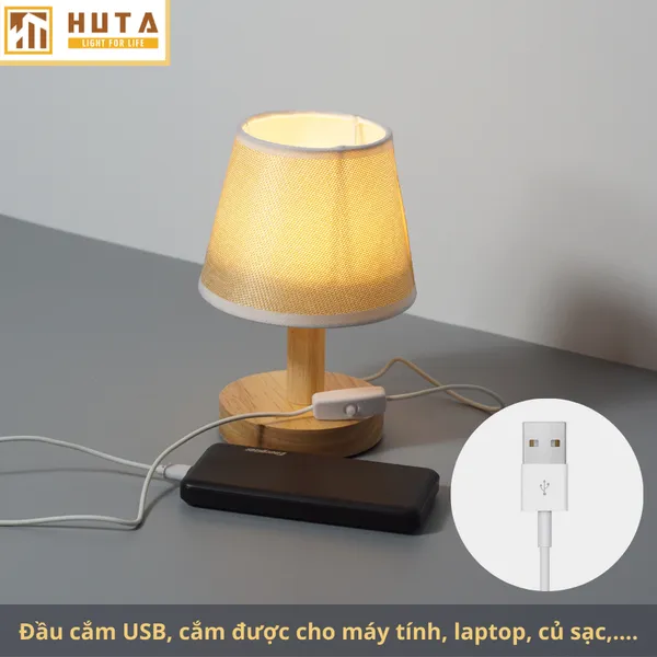 Đèn Ngủ Để Bàn Gỗ HUTA G9 Đầu Cắm USB, Decor Phòng Ngủ, Dải Led Ánh Sáng Vàng