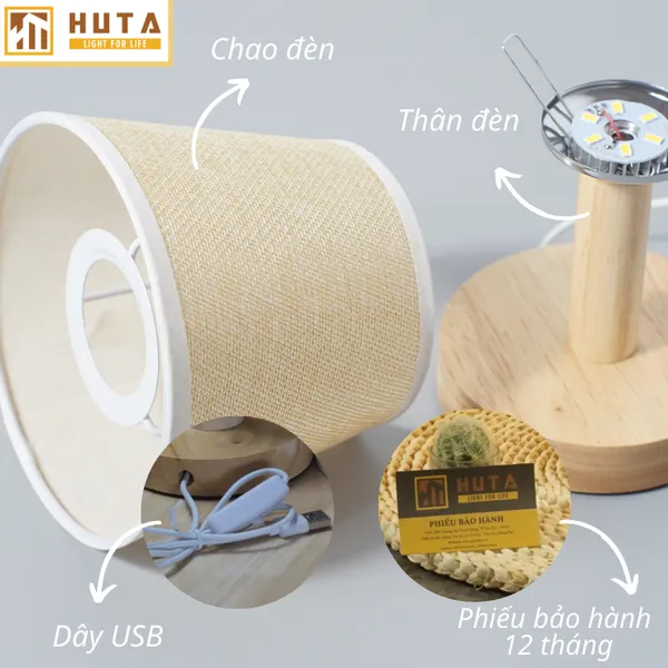 Đèn Ngủ Để Bàn Gỗ HUTA G9 Đầu Cắm USB, Decor Phòng Ngủ, Dải Led Ánh Sáng Vàng