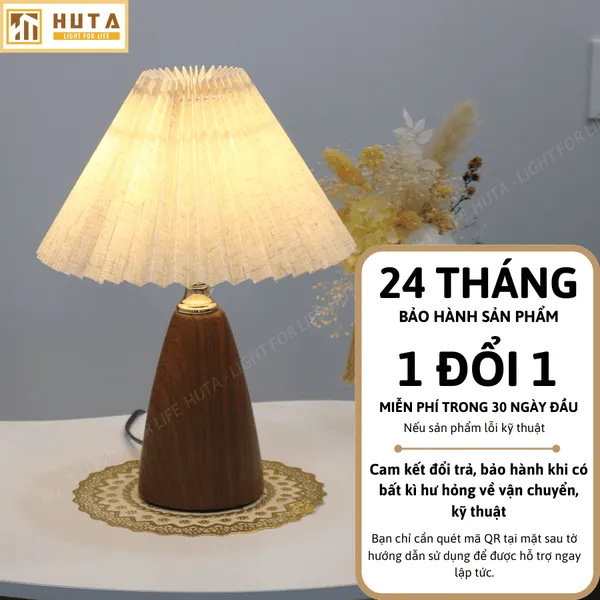 Đèn Ngủ Để Bàn HUTA Mã T10 Thân Kim Loại Vân Gỗ Vintage, Điều Chỉnh Ánh Sáng Vàng Ấm