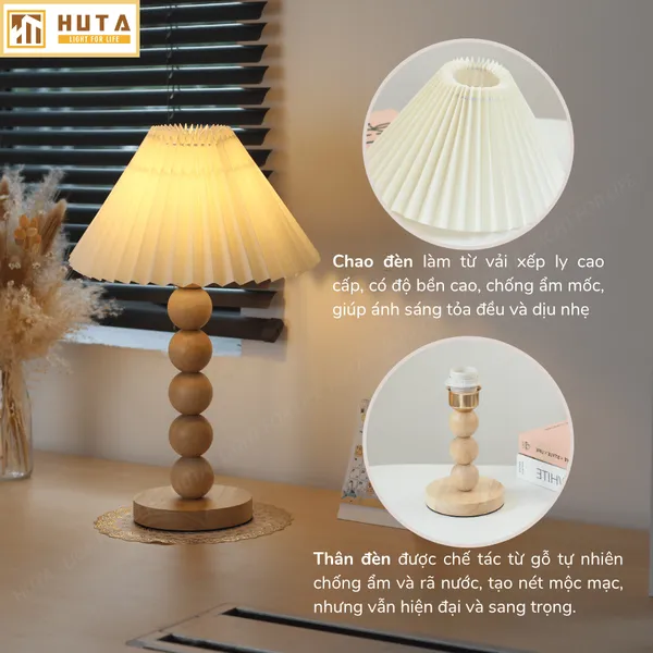 Đèn Ngủ Để Bàn HUTA Light For Life G7 Thân Gỗ Chắc Chắn, Chao Xếp Ly Vintage, 3 Màu Ánh Sáng