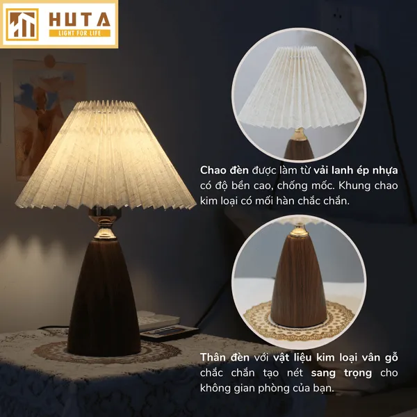 Đèn Ngủ Để Bàn HUTA Mã T10 Thân Kim Loại Vân Gỗ Vintage, Điều Chỉnh Ánh Sáng Vàng Ấm
