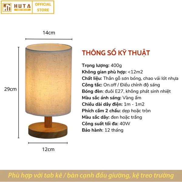 Đèn Ngủ Để Bàn Gỗ HUTA G1 Điều Chỉnh Độ Sáng, Ánh Sáng Vàng Ấm, Đầu Cắm 2 Chấu 220V