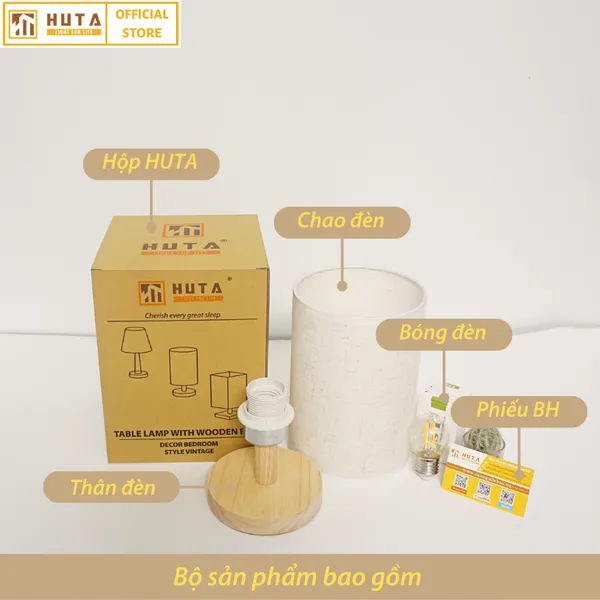 Đèn Ngủ Để Bàn Gỗ HUTA G1 Điều Chỉnh Độ Sáng, Ánh Sáng Vàng Ấm, Đầu Cắm 2 Chấu 220V