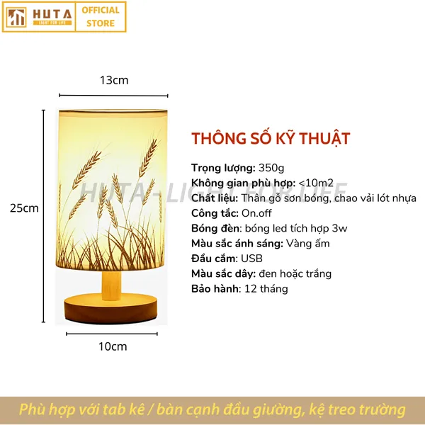 Đèn Ngủ Để Bàn Gỗ HUTA mã G1S Dải Led Sáng Vàng Tiết Kiệm Điện