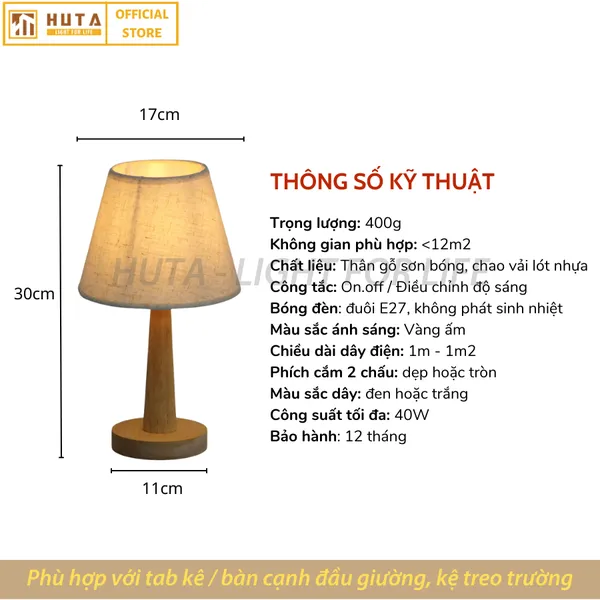 Đèn Ngủ Để Bàn Gỗ HUTA G2 Điều Chỉnh Độ Sáng, Ánh Sáng Vàng, Bảo Hành 24 Tháng