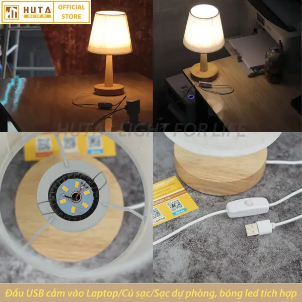 Đèn Ngủ Để Bàn Gỗ HUTA G2S Đầu Cắm USB, Dải Led Ánh Sáng Vàng