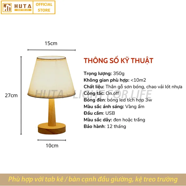 Đèn Ngủ Để Bàn Gỗ HUTA G2S Đầu Cắm USB, Dải Led Ánh Sáng Vàng