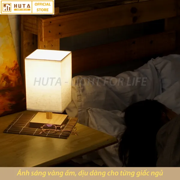 Đèn Ngủ Để Bàn Gỗ HUTA G3 Điều Chỉnh Độ Sáng, Đầu Cắm Điện 2 Chấu 220v, Ánh Sáng Vàng