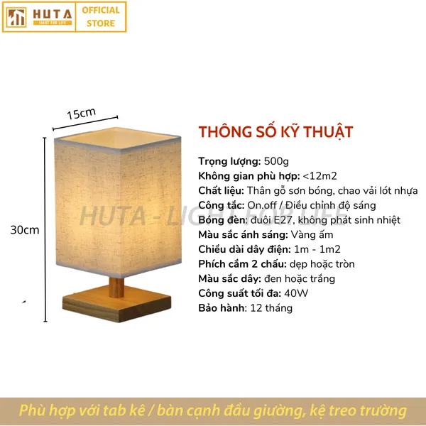Đèn Ngủ Để Bàn Gỗ HUTA G3 Điều Chỉnh Độ Sáng, Đầu Cắm Điện 2 Chấu 220v, Ánh Sáng Vàng
