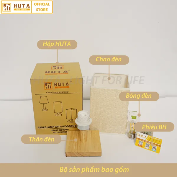 Đèn Ngủ Để Bàn Gỗ HUTA G3 Điều Chỉnh Độ Sáng, Đầu Cắm Điện 2 Chấu 220v, Ánh Sáng Vàng