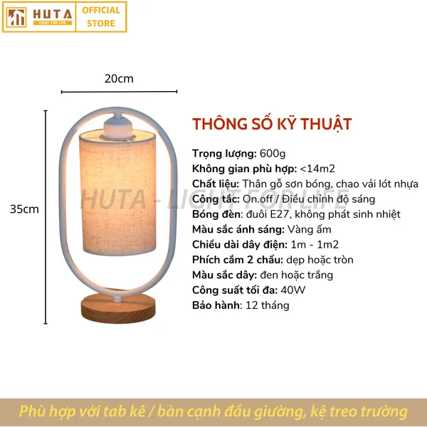 Đèn Ngủ Để Bàn Gỗ HUTA G6 Điều Chỉnh Độ Sáng, Ánh Sáng Vàng, Bảo Hành 24 Tháng