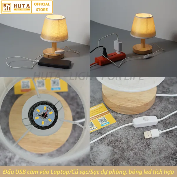 Đèn Ngủ Để Bàn Gỗ HUTA G9 Đầu Cắm USB, Decor Phòng Ngủ, Dải Led Ánh Sáng Vàng