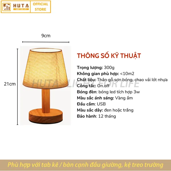 Đèn Ngủ Để Bàn Gỗ HUTA G9 Đầu Cắm USB, Decor Phòng Ngủ, Dải Led Ánh Sáng Vàng