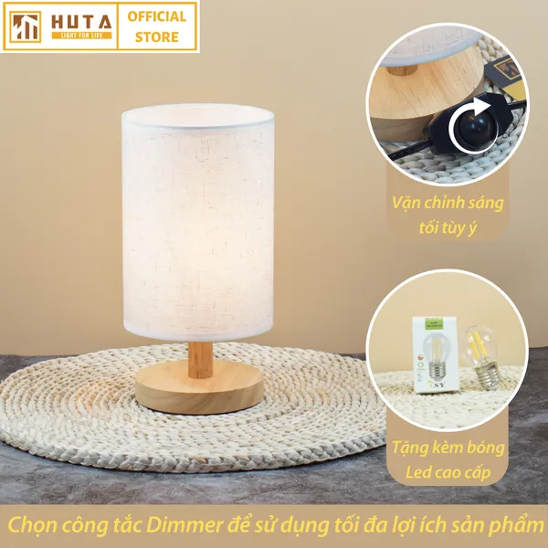 Đèn Ngủ Để Bàn Gỗ HUTA G1 Điều Chỉnh Độ Sáng, Ánh Sáng Vàng Ấm, Đầu Cắm 2 Chấu 220V