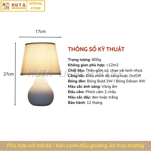 Đèn Ngủ Để Bàn Sứ HUTA S1 Điều Chỉnh Độ Sáng, Ánh Sáng Vàng, Bảo Hành 24 Tháng