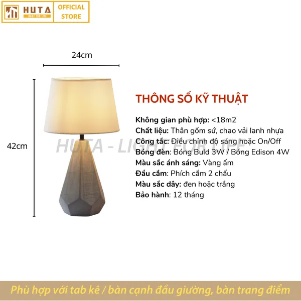 Đèn Ngủ Để Bàn Sứ HUTA S15 Sang Trọng Trang Trí Khách Sạn, Điều Chỉnh Độ Sáng