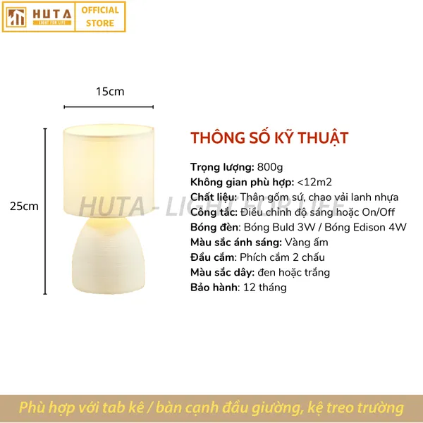 Đèn Ngủ Để Bàn Sứ HUTA S2 Decor Phòng Ngủ, Điều Chỉnh Độ Sáng, Ánh Sáng Vàng
