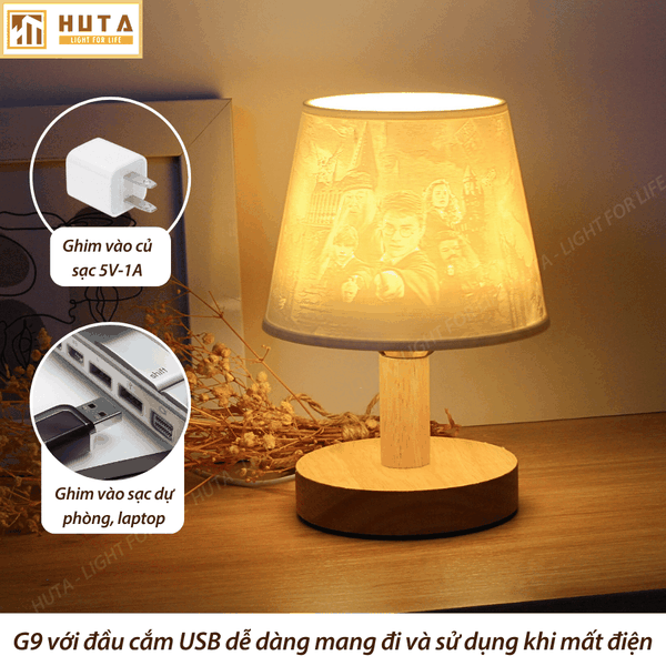 Đèn Ngủ Để Bàn Gỗ HUTA Light For Life G9 Đầu Cắm USB, Decor Phòng Ngủ, Dải Led Ánh Sáng Vàng