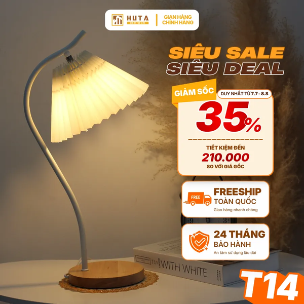Đèn Ngủ Để Bàn HUTA Light For Life Mã T14 Thân Kim Loại, Điều Chỉnh Ánh Sáng Vàng, Decor Phòng Ngủ