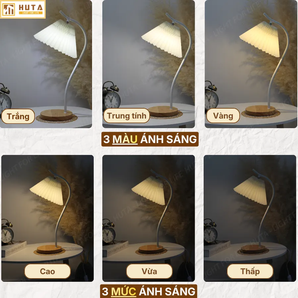 Đèn Ngủ Để Bàn HUTA Light For Life Mã T14 Thân Kim Loại, Điều Chỉnh Ánh Sáng Vàng, Decor Phòng Ngủ