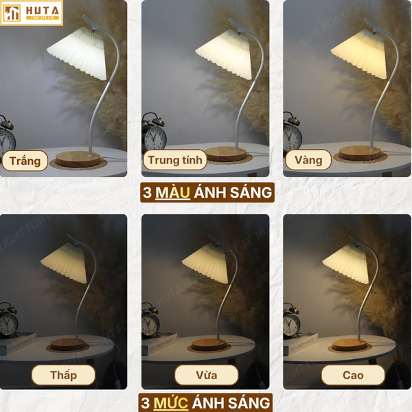 Đèn Ngủ Để Bàn HUTA Light For Life Mã T14 Thân Kim Loại, Điều Chỉnh Ánh Sáng Vàng, Decor Phòng Ngủ