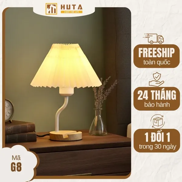 Đèn Ngủ Để Bàn HUTA Light For Life G8 Chao Vải Xếp Ly, Điều Chỉnh Độ Sáng, Kèm Gác Điện Thoại 