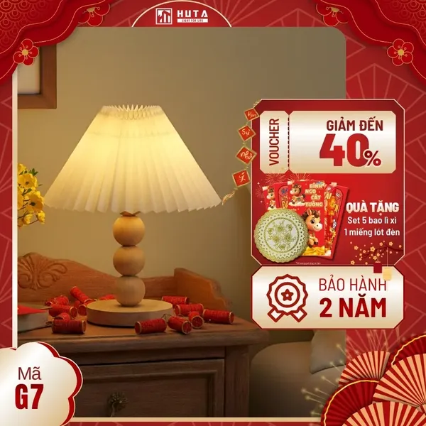 Đèn Ngủ Để Bàn HUTA Light For Life G7 Thân Gỗ Chắc Chắn, Chao Xếp Ly Vintage, 3 Màu Ánh Sáng