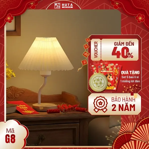 Đèn Ngủ Để Bàn HUTA Light For Life G8 Chao Vải Xếp Ly, Điều Chỉnh Độ Sáng, Kèm Gác Điện Thoại 