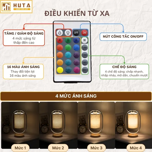 Đèn Ngủ Để Bàn Gỗ HUTA Light For Life G06 Điều Chỉnh Độ Sáng, Ánh Sáng Vàng, Bảo Hành 24 Tháng