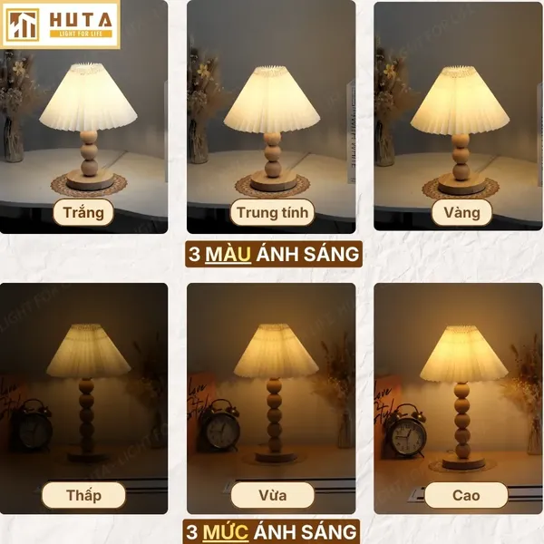 Đèn Ngủ Để Bàn HUTA Light For Life G7 Thân Gỗ Chắc Chắn, Chao Xếp Ly Vintage, 3 Màu Ánh Sáng